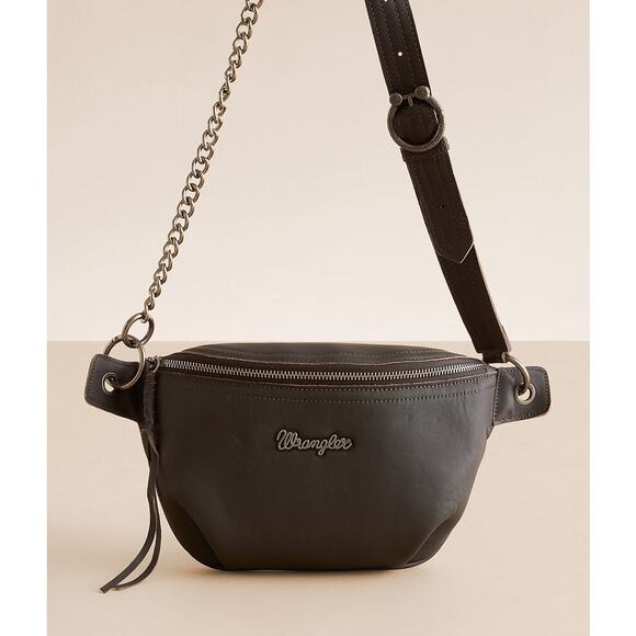 Wrangler Genuine Leather Fanny Pack Black Crossbody Waist Bag Adjustable Strap - Picture 1 of 13